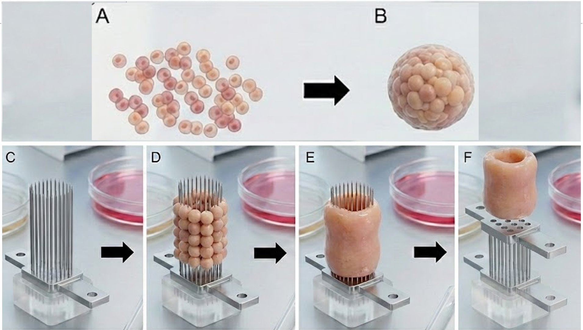 The Kenzan method: cells form spheroids, which are placed onto a microneedle array, fuse into continuous tissue, and are harvested as a scaffold-free construct